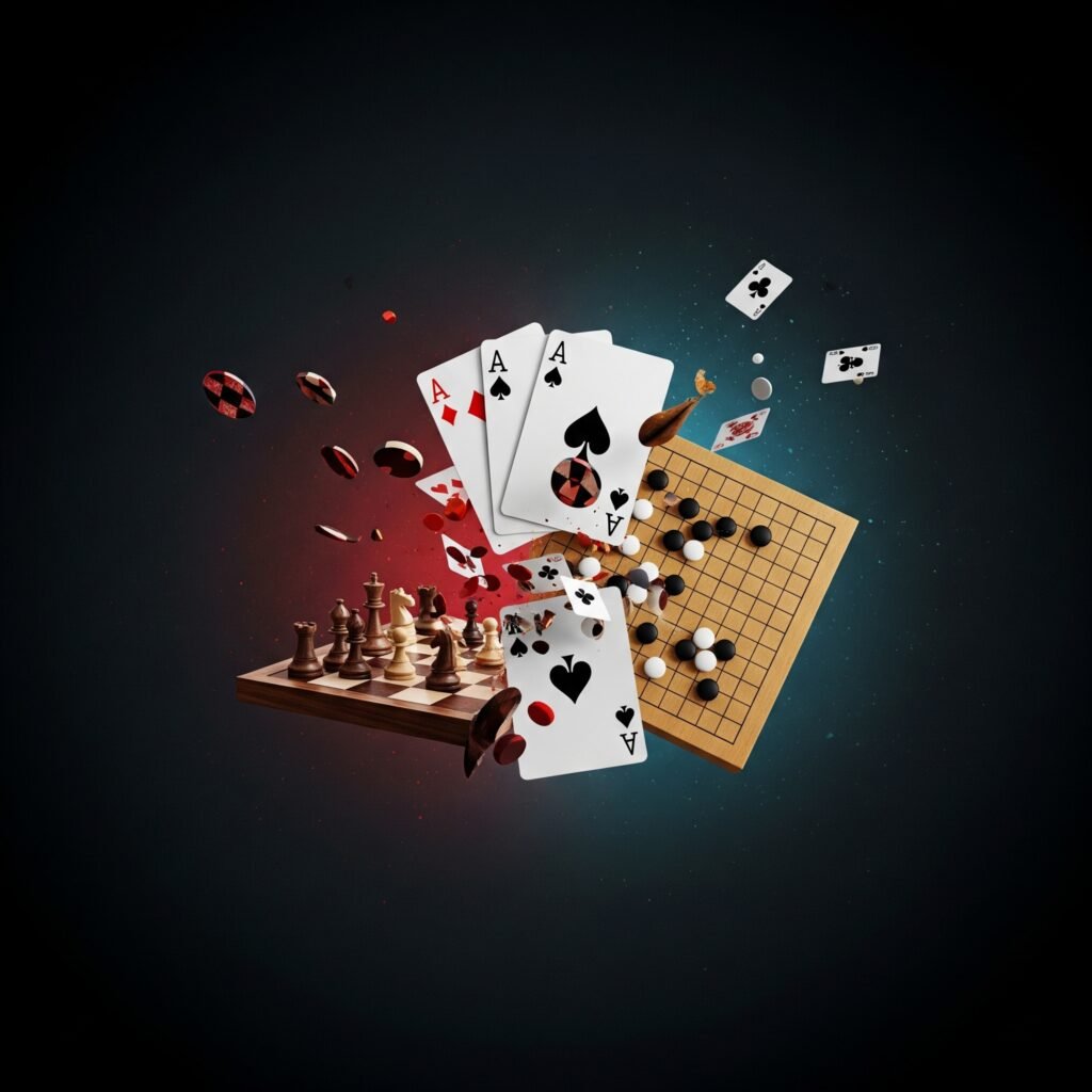 Visual metaphor for global strategy, comparing US poker, Russian chess, and Chinese Go with game pieces on a board